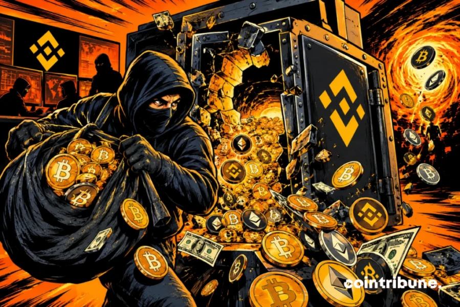 Un hacker dévalise un coffre Binance géant, emportant des milliards en cryptomonnaies dans une explosion spectaculaire de pièces numériques orange.