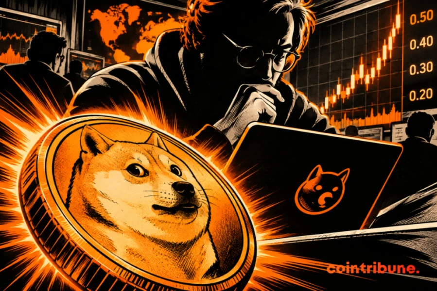 Illustration de Dogecoin avec sa pièce emblématique devant un marché crypto en pleine hausse.