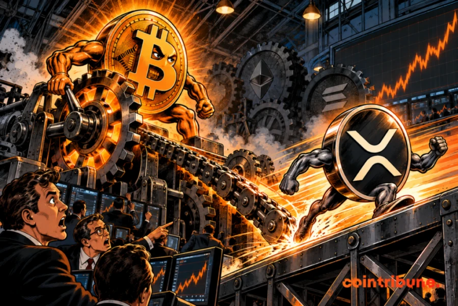 Dans une gigantesque salle de marché mécanique, un énorme Bitcoin personnifié vient de se réveiller brutalement après avoir été immobile sur une plateforme industrielle. Bitcoin se redresse avec puissance et actionne involontairement un gigantesque engrenage derrière lui. Cet engrenage entraîne une chaîne mécanique reliée à une grande pièce XRP située au premier plan. XRP, auparavant immobile, est soudain propulsé sur une rampe ascendante. Un trader observe la transmission avec une expression de stupéfaction.