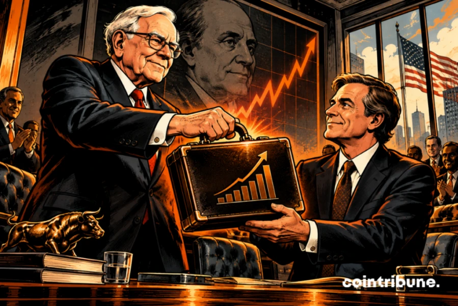 Warren Buffett transmet symboliquement une mallette financière à son fils Howard, incarnant la succession et l’héritage de Berkshire Hathaway durable.