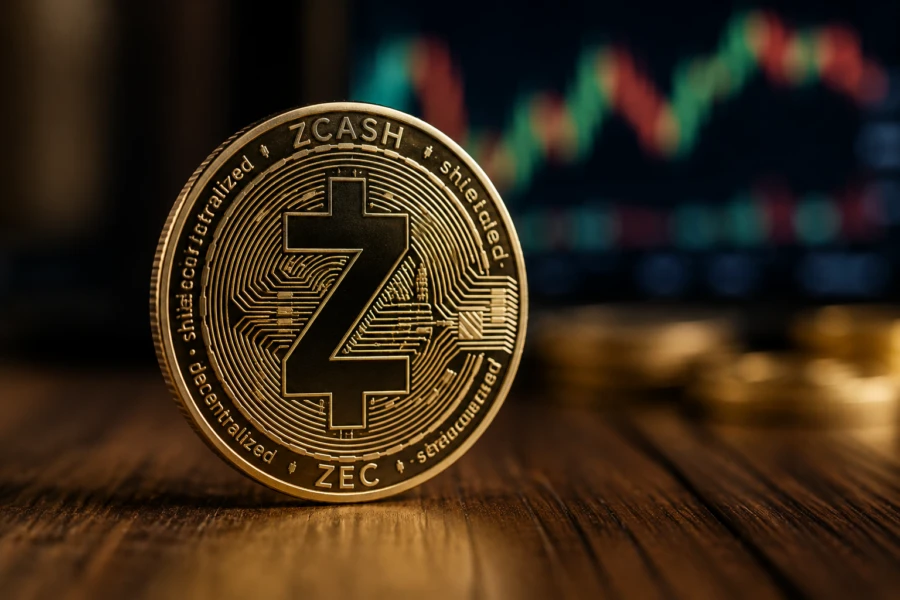 Zcash ZEC coin stands in front of a blurred cryptocurrency price chart.