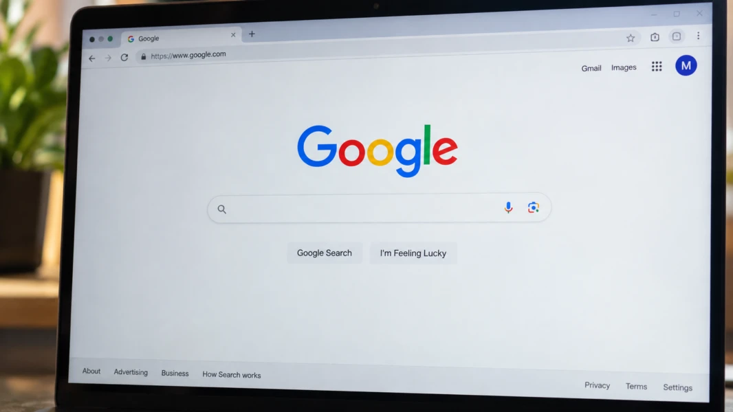 Strona główna Google Search wyświetlona na ekranie laptopa, z widocznym logo Google i polem wyszukiwania.