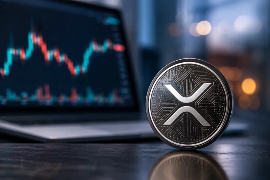Moneta kryptowaluty XRP na tle cyfrowego wykresu cen rynkowych