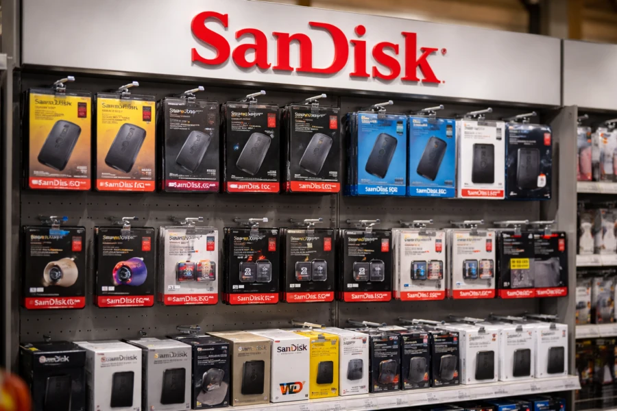 Karty pamięci SanDisk, przenośne dyski i akcesoria do przechowywania wyeksponowane na markowej półce sklepowej.