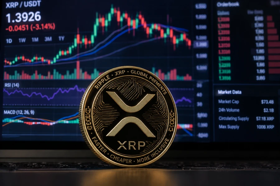 Un jeton XRP doré se tient devant un graphique de trading <origin href=