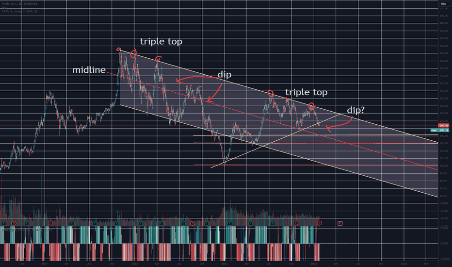 Shaky long-term trading for Tesla (Triple top + dip? )